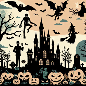 Pastel halloween theme. A castle, bat, werewolf, witch, goblin,...