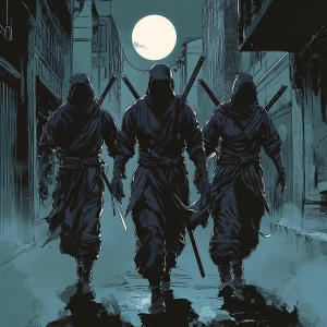 In the dead of night, a shadowy group of ninjas silently infiltr...