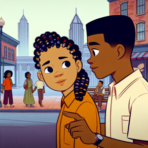 A black woman is talking to her boyfriend. Both wear braided hai...