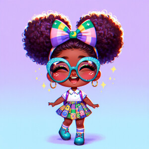A chibi-style image of an African American 3-year-old girl, stan...