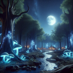 Picture yourself in a tranquil forest illuminated by giant, glow...