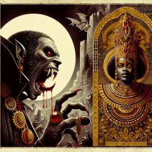 Hypnotic ritual African goddess made of gold and ebony in a fant...