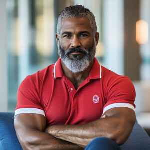 The image shows man white a bearded black, gray haired muscular...