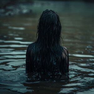 Capture the elegance of a fair-skinned woman with dark long wet...