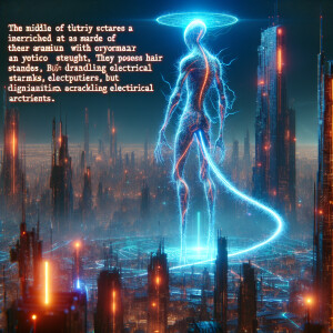 Giant alien 200 feet tall with electrical currents as hair