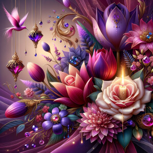 Create a vibrant digital artwork depicting a lush bouquet of sty...