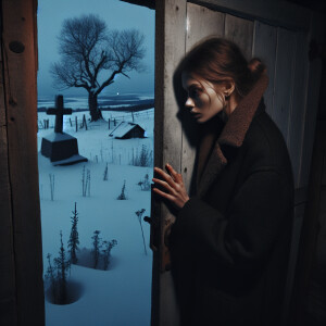 The girl opens the door of the house, looks at the grave in the...