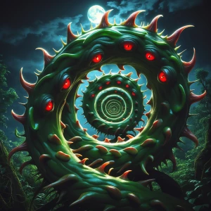 "Conjure an image of an evil anamorphic fiddlehead fern, its cur...