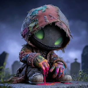 The scene features a character in a tattered, hooded outfit, rem...