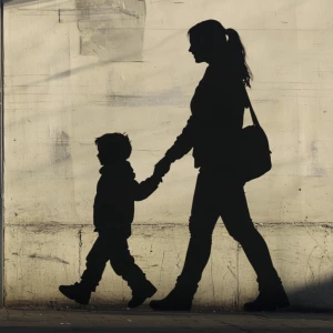 Create a photo of a silhouette of a tall size 3x woman walking h...