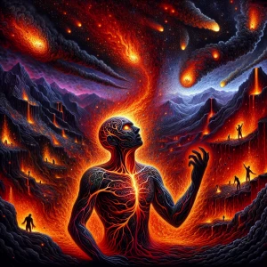 Born from flames, tempered by torment,  
Ashes descend like fier...