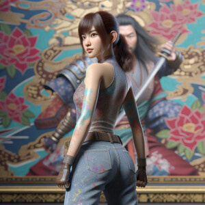 Athletic Thin skinny Attractive, Asian teenage girl, long brown hair and bangs, wearing tight skinny jeans and a halter top paint marks on her clothing, heroic pose Asian graffiti background, backside view