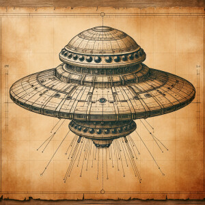Aged parchment blueprint for a realistic UFO, lead medium, high...