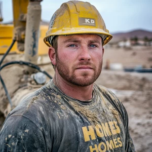 Brian Nobles a real 28 year old Caucasian male who is using  a concrete mixer, he is a  pump operator holding the hose which carries the liquid concrete to the foundation pour, Brian is slowly  beginning his transition into adult maturity , Brian Nobles is beginning to look like a grown man, he has large reflective blue eyes and a wrinkled brow,Brian is now balding , prominent large protruding round fat obese belly,,thick goatee beard, healthy muscle mass ,very noticeable male pattern balding hairline, Brian Nobles now has a  prominent receding and thinning male hairline (onset male pattern baldness), slightly fat overweight(Caucasian)wearing tight body conforming  glossy satin shiny green and gold tight fitting body conforming UnderArmour athletic bodysuit,emblazoned with the "KD HOMES" real estate logo, standing confidently in front of a newly completed constructed new KD HOME in Victorville California in a raw desert landscape. Brian has a protruding fat obese muscular physique, large male bulge, fat obese muscular frame , shows a substantial frame with a noticeable mature hairline and expressive eyes. His workman’s  pose should reflect his experience in his trade.