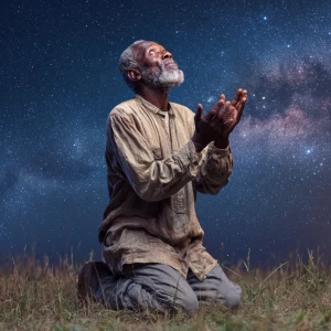 Create an image of an African American elderly man kneeling unde...