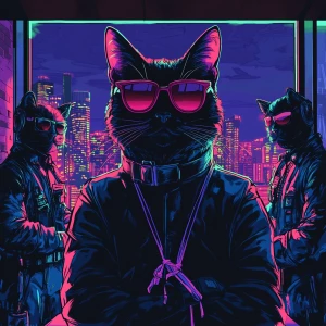 A high-fashion crime boss cat in a luxury penthouse, overlooking...