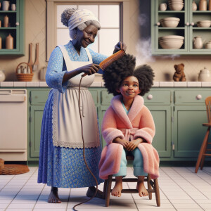 Create a realistic 3-D image of an african-American grandmother wearing a blue house dress and a white apron . She is in the kitchen with her african-American granddaughter. Her granddaughter is wearing a pink bath robe. The grandmother has a hot comb in her hand and she is straightening her granddaughters hair. One side of her granddaughters hair is in  a Afro the other straight 
There is smoke coming from the hot comb
The granddaughter is making a face