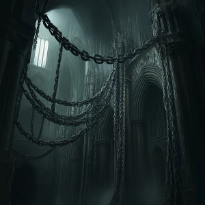 Create an image of an ancient cathedral shrouded in darkness, wi...
