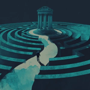 Create an image symbolizing legal consulting as a guide through...