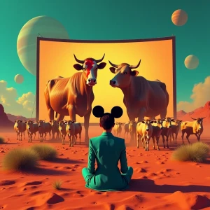retro sci-fi scene on Mars, golden-hour light, woman in teal sui...