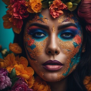 A portrait of a woman with intricate, multi-colored floral desig...