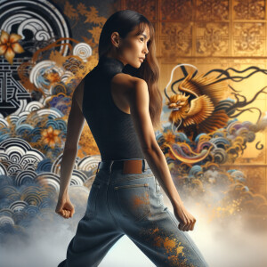 Athletic Thin skinny Attractive, Asian teenage girl, long brown hair and bangs, wearing tight skinny jeans and a halter top paint marks on her clothing, heroic pose Asian graffiti background, backside view