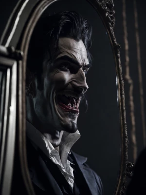 satisfied Dracula’s face in the mirror.