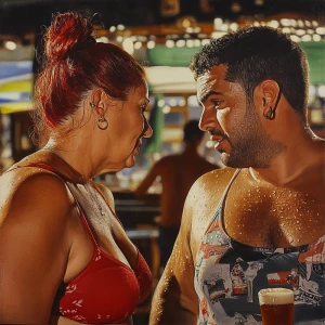 Paint photo realism,a muscular sweaty beefy man standing and ta...