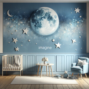 Design a whimsical nursery room mockup with a celestial theme. F...
