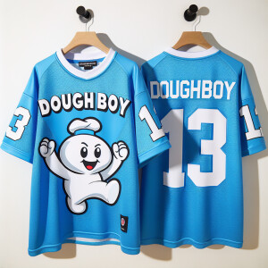 A stylish and eye-catching blue jersey featuring the name "DOUGH...