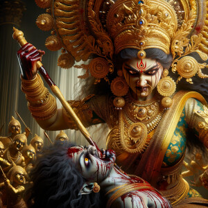 portrait of angry looking goddess durga pinning a weak mahishasur to the ground with her foot. She is wearing gold armor, a huge gold crown, gold saree, abundant  gold jewelry, covered in blood. The scene is set in ancient India. The image is 8K resolution, photography, cinematic, ultra detailed face and epic