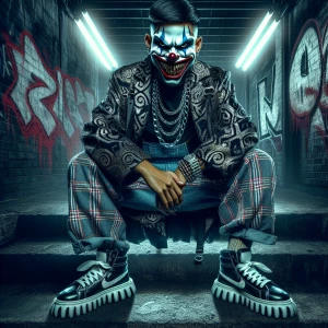 "Create an image of a sinister clown in a trap-style outfit, com...
