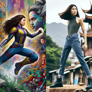 Very thin Athletic Thin skinny Attractive, Asian teenage girl, long brown hair and bangs, wearing tight skinny jeans and a halter top paint marks on her clothing, sitting side view heroic pose Asian graffiti