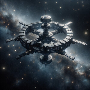 Giant space station realism black background , starry space with...