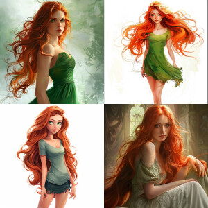 A beautiful woman, long flowing red hair, green eyes, full body...