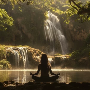 A highly realistic image of a serene woman sitting in a lotus po...