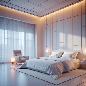 Create a realistic depiction of a serene, expansive bedroom with...