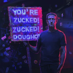 A surreal, hyper-detailed digital illustration of Mark Zuckerber...