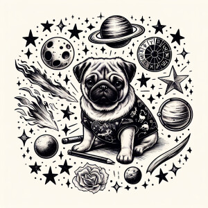 Pug and astrology. Cute realistic pug in a cute dog outfit and a...