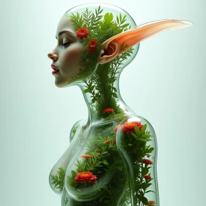 Create an image of an ethereal female elf whose body is crafted...
