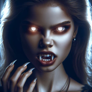 Generate a hyper-realistic portrait of a fierce young female vampire with glowing, intense eyes. She should be depicted in a snarl, showcasing prominent, razor-sharp fangs.