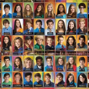 Realistic image of a yearbook page featuring student photographs...