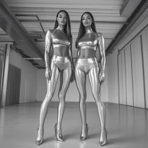 Two muscular women standing side by side, wearing tight shiny sa...