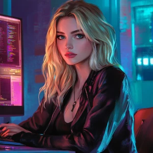 A blonde 40ish woman working in the technology world, edgy