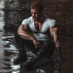 A bodybuilder man ginger beard sits in a puddle of water, his bo...