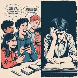 Create a two-panel montage with bold outlines and muted colors t...