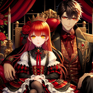 Lilith as a girl with elegant gothic lolita dress sit on the lap of handsome lucifer, the girl has red hair and golden eyes, thrones, blackand red elegant luxury background, Lucifer evil smirk, The girl fierce look, Obsession and Ownership sign