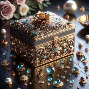 Create an image of an ornate jewelry box richly detailed with golden swirls and floral motifs, with no items on the top. Inside the box lies a collection of exquisite jewelry, each piece featuring vibrant blue gemstones set amongst pearls and golden accents. This treasure is placed on a dark wooden surface, subtly reflecting the luster of the gems. Around the box, there are loose gemstones, a golden flower, and soft pink roses in the blurred background, contributing to the elegant ambiance. The name 'Karen' is elegantly inscribed above the jewelry box, adding a personalized touch to the scene.