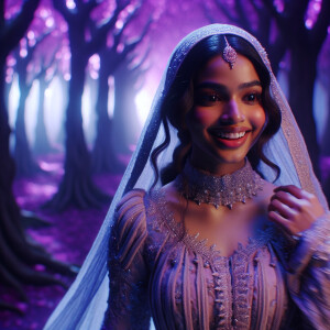 a pretty girl in a purple forest
