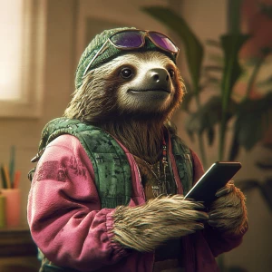 Sloths slerf meme..on his cell phone, 80's clothing, in GTA San...